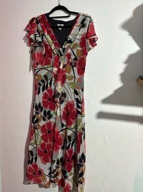 J.B.S. Ltd. Vintage Y2K Red Floral Chiffon Flutter Sleeve Ruffle Front Midi Dres